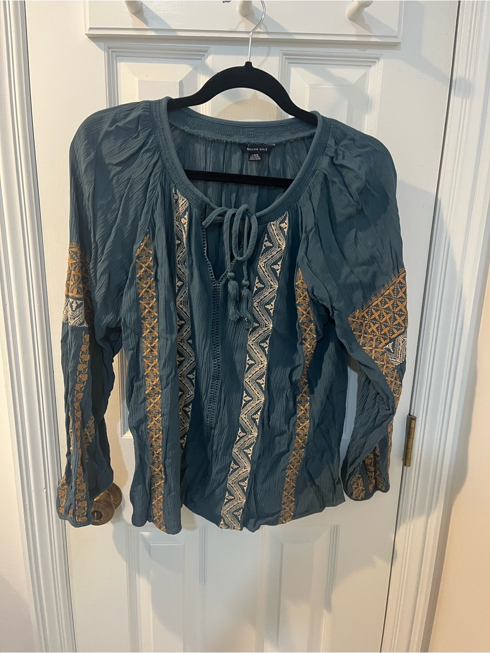American Eagle Blue and Yellow Embroidered Blouse
